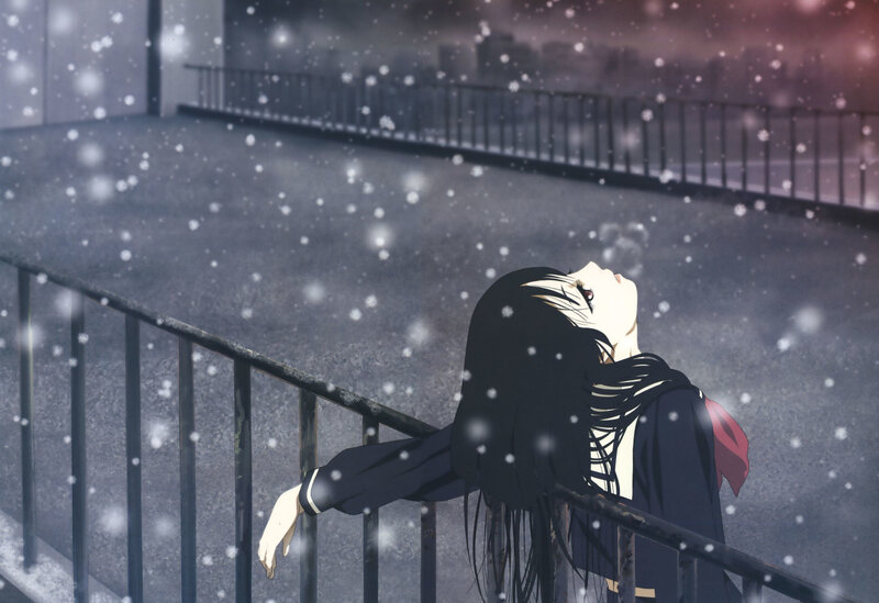 Anime Girl in Snow — Black, Melancholic, Winter, Railing, Cityscape
