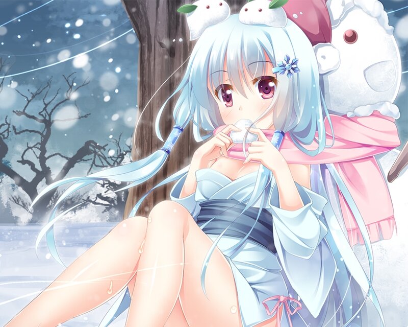 Anime Girl in Snow — Blue, Calm, Winter, Digital Art, Tree