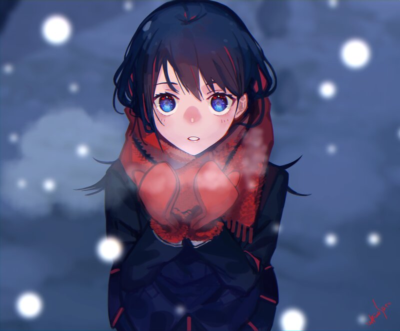 Anime Girl in Snow — Blue, Cold, Winter, Digital Art, Scarf