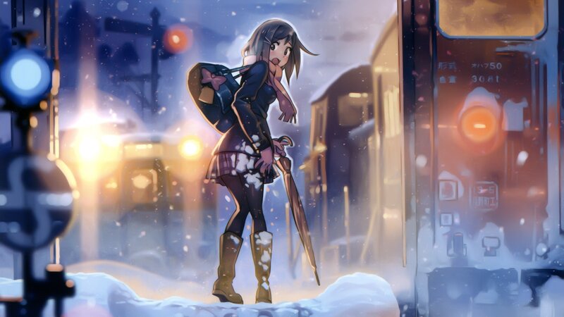 Anime Girl in Snow — Blue, Cold, Winter, Digital Art, Train, Umbrella