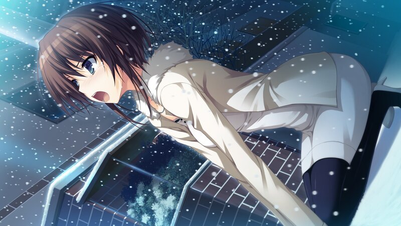 Anime Girl in Snow — Blue, Dramatic, Winter, Building