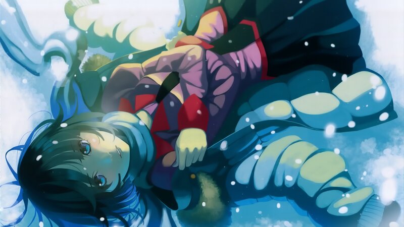 Anime Girl in Snow — Blue, Dramatic, Winter, Falling