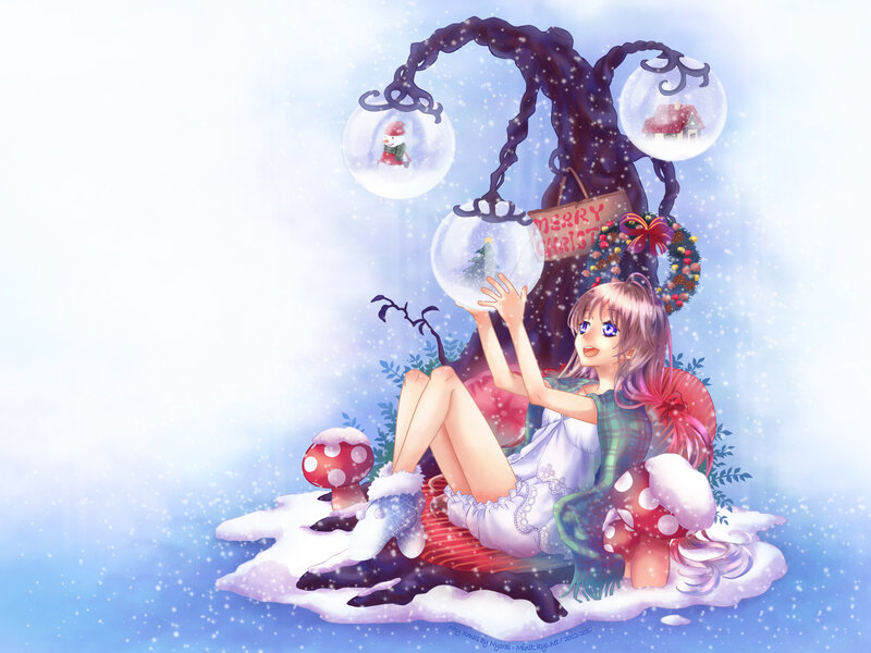 Anime Girl in Snow — Blue, Festive