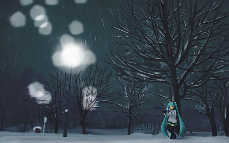 Anime Girl in Snow — Blue, Melancholic, Night, Digital Art, Trees