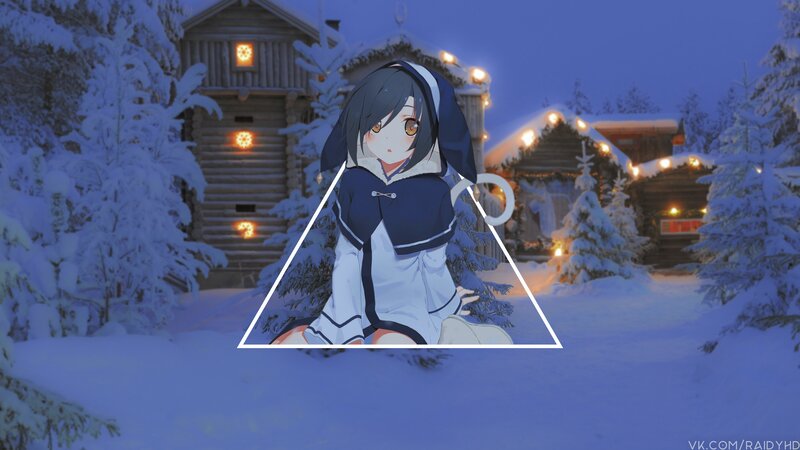 Anime Girl in Snow — Blue, Serene, Night, Digital Art, Cabin