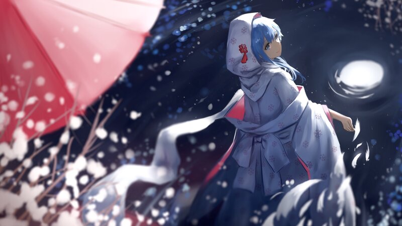 Anime Girl in Snow — Blue, Serene, Night, Digital Art, Umbrella