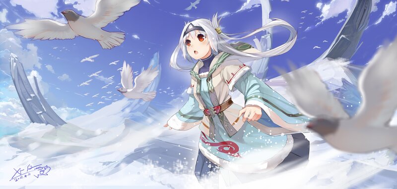 Anime Girl in Snow — Blue, Serene, Winter, Digital Art, Birds