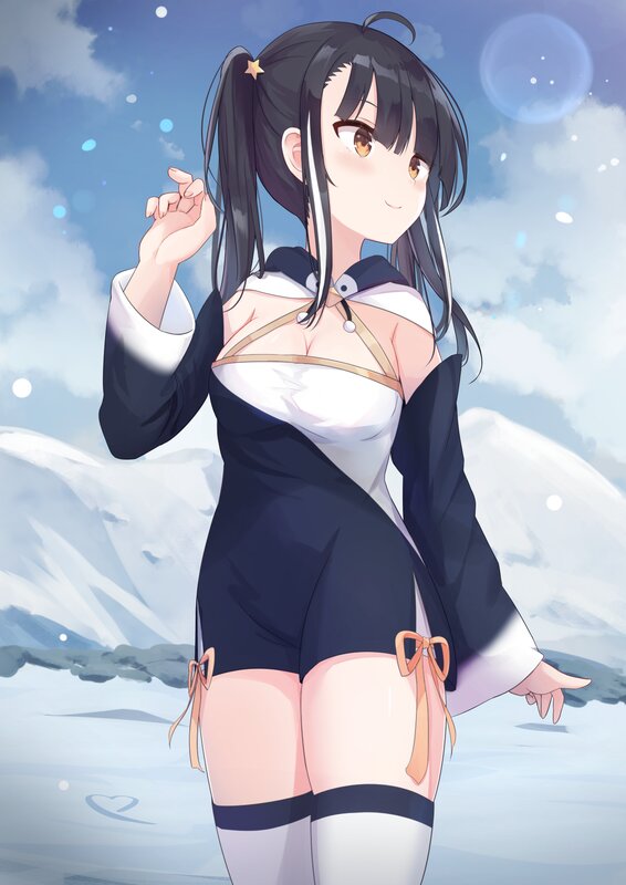 Anime Girl in Snow — Blue, Serene, Winter, Digital Art, Mountains