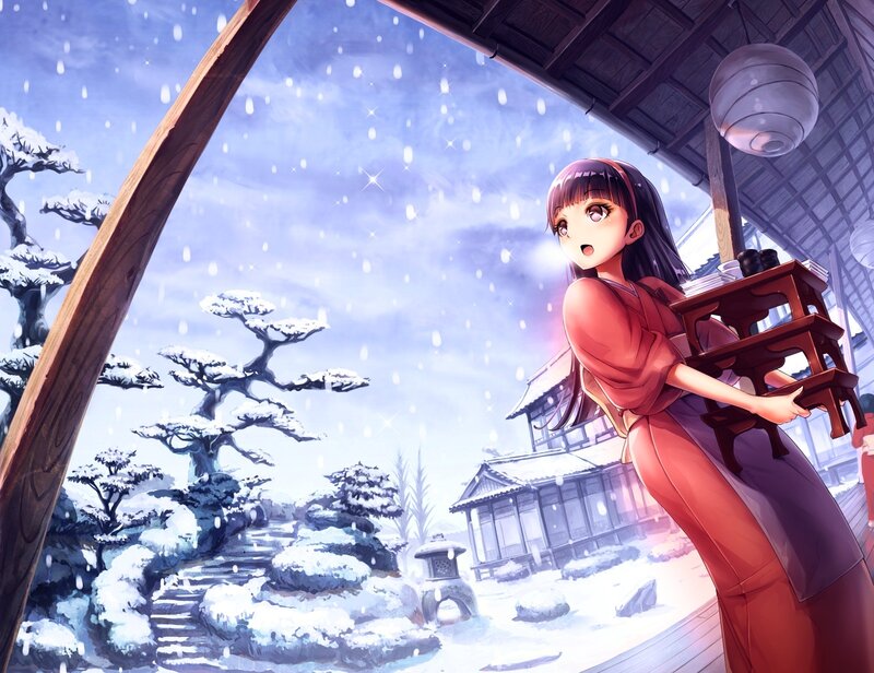 Anime Girl in Snow — Blue, Serene, Winter, Digital Art, Trees