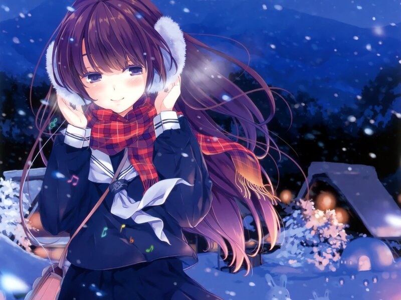 Anime Girl in Snow — Blue, Serene, Winter, Scarf