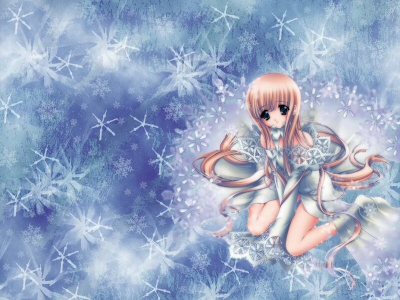 Anime Girl in Snow — Blue, Serene, Winter, Snowflakes