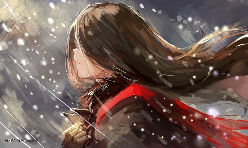 Anime Girl in Snow — Brown, Dramatic, Winter, Digital Art
