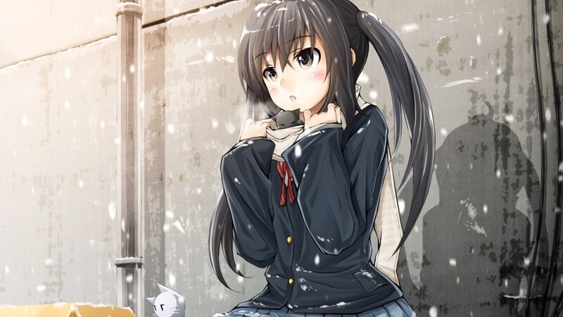 Anime Girl in Snow — Gray, Cold, Winter, Cat, Wall