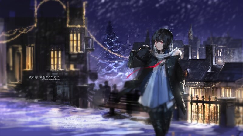 Anime Girl in Snow — Purple, Melancholic, Night