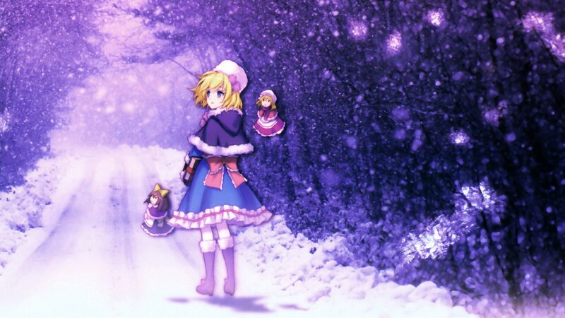 Anime Girl in Snow — Purple, Serene, Winter, Trees