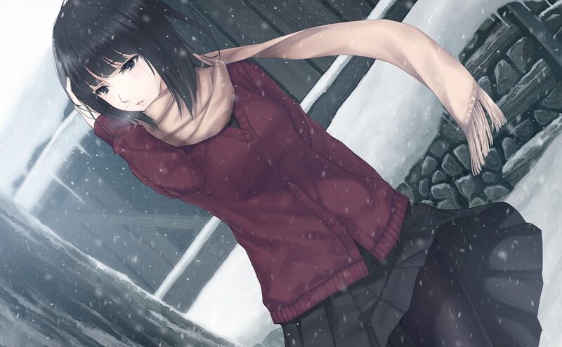 Anime Girl in Snow — Red, Cold