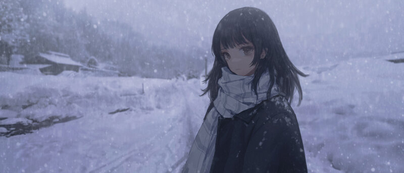 Anime Girl in Snow — White, Cold, Winter, Digital Art, Scarf, Coat