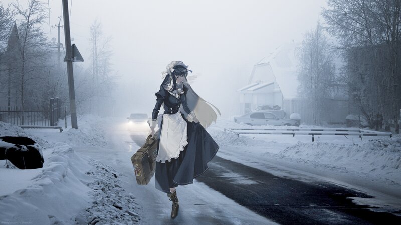 Anime Girl in Snow — White, Cold, Winter, Digital Art, Suitcase