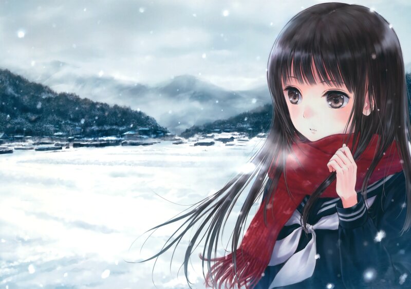 Anime Girl in Snow — White, Cold, Winter, Scarf, Mountains