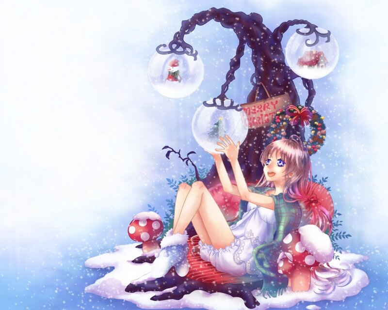 Anime Girl in Snow — White, Festive