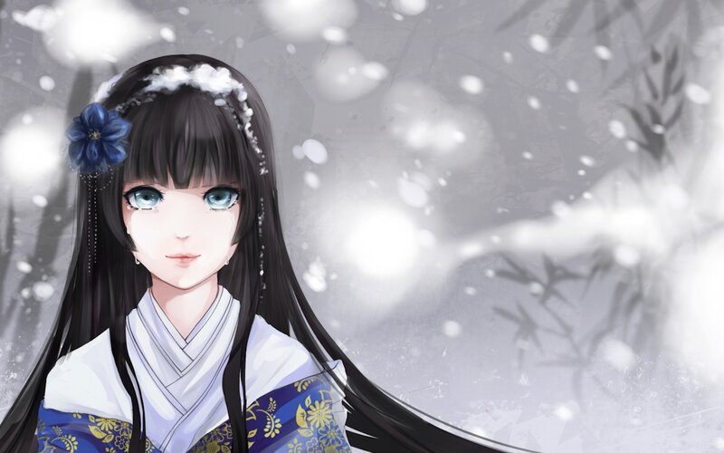 Anime Girl in Snow — White, Serene, Winter, Digital Art, Flower