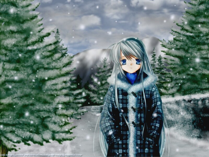 Anime Girl in Snow — White, Serene, Winter, Digital Art, Pine Trees