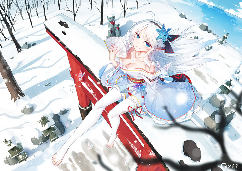 Anime Girl in Snow — White, Serene, Winter, Digital Art, Torii Gate