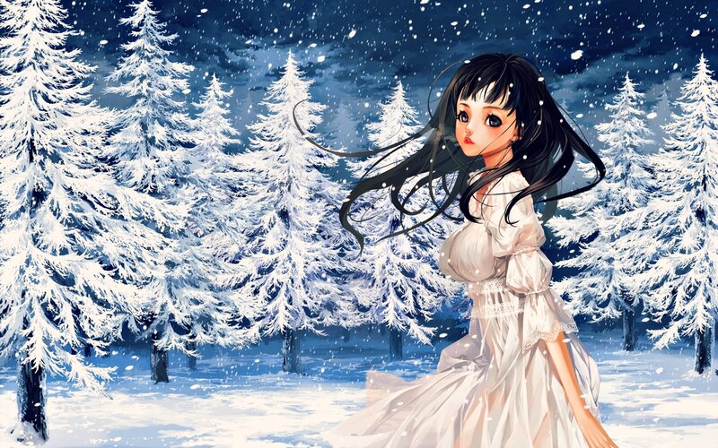 Anime Girl in Snow — White, Serene, Winter, Digital Art, Trees, Night