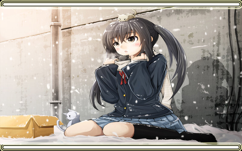 Anime girl in snow with cats