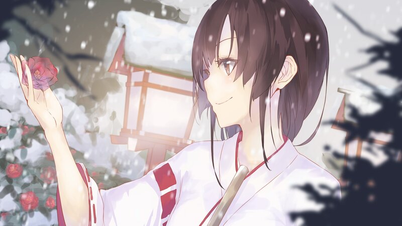 anime girl in snow with flower