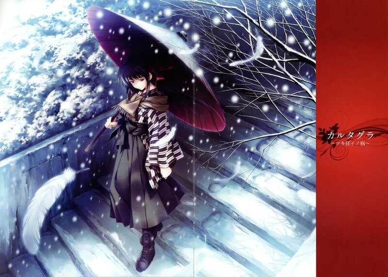 Anime girl in snow with umbrella