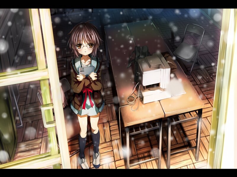Anime girl in snowy classroom