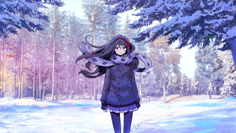 Anime girl in snowy forest