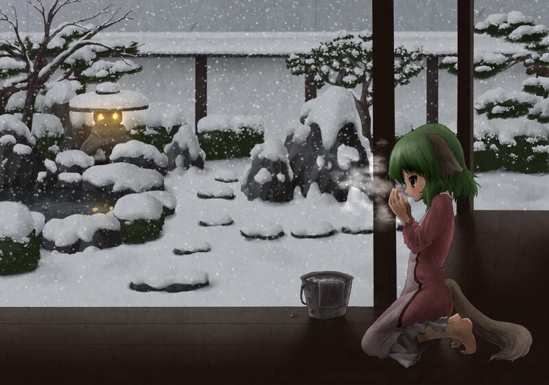 Anime girl in snowy garden
