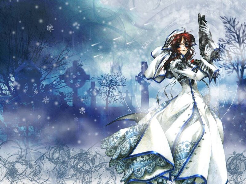 Anime girl in snowy graveyard