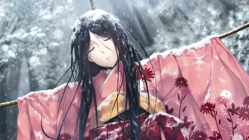 Anime girl in snowy kimono