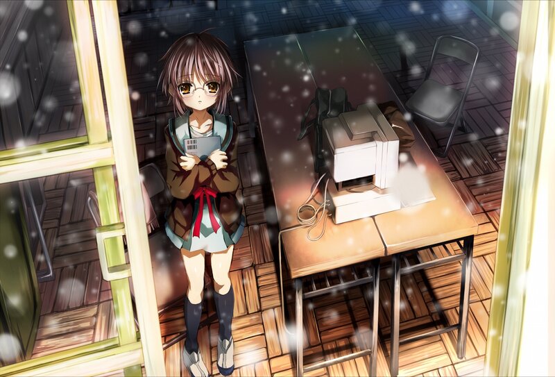 anime girl in snowy room