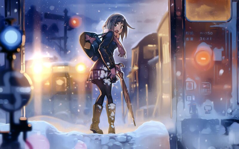 anime girl in snowy station