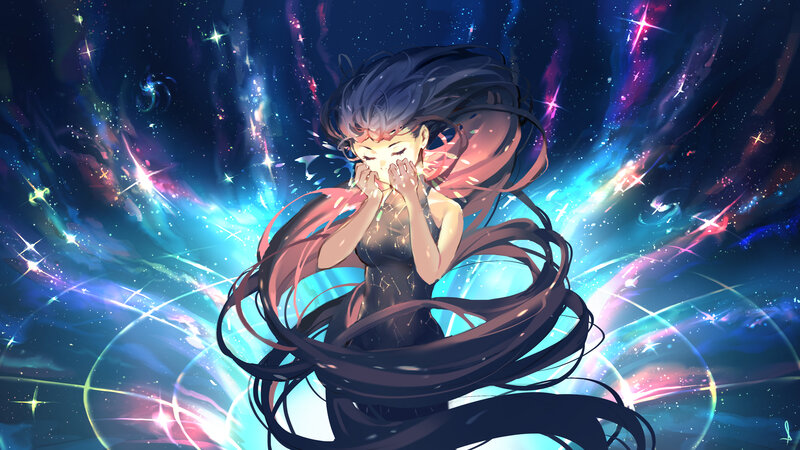 Anime Girl in Space — Blue, Dramatic, Night, Digital Art, Long Hair