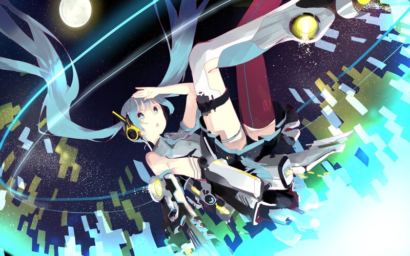 Anime Girl in Space — Blue, Dramatic, Night, Digital Art, Moon