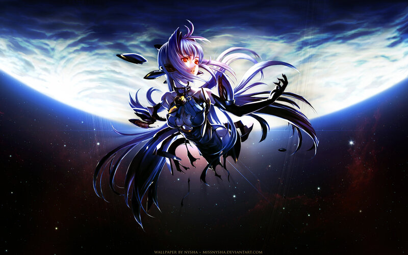 Anime Girl in Space — Blue, Dramatic, Night, Digital Art, Planet, Stars, Black