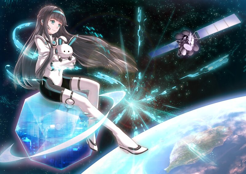 Anime Girl in Space — Blue, Dramatic, Night, Digital Art, Satellite