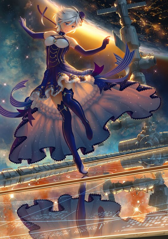 Anime Girl in Space — Blue, Dramatic, Night, Digital Art, Space Station, Stars