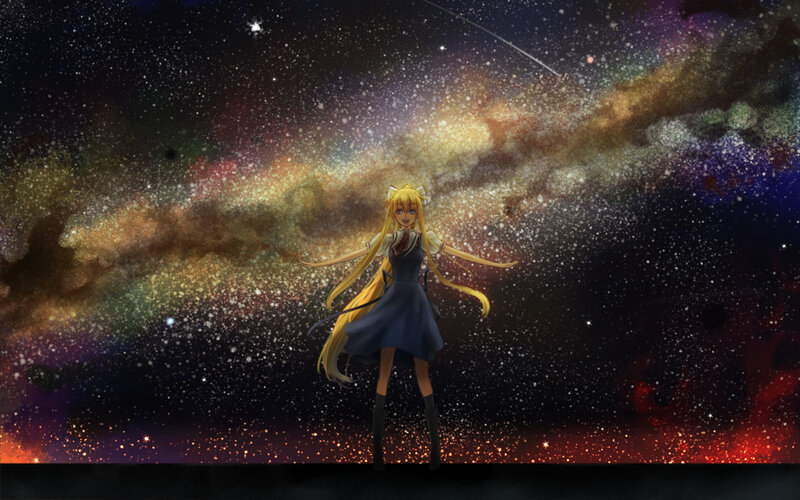 Anime Girl in Space — Blue, Dramatic, Night, Digital Art