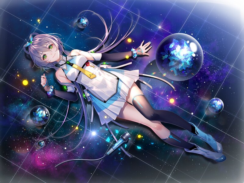 Anime Girl in Space — Blue, Dreamy, Night, Digital Art, Microphone