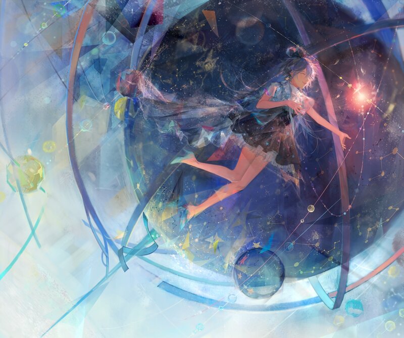 Anime Girl in Space — Blue, Dreamy, Night, Digital Art, Stars