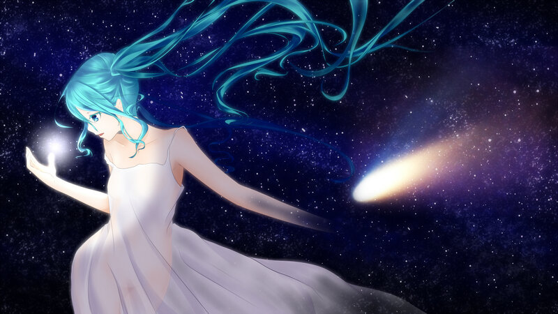 Anime Girl in Space — Blue, Serene, Night, Digital Art, Comet, Stars
