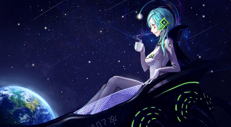 Anime Girl in Space — Blue, Serene, Night, Digital Art, Earth