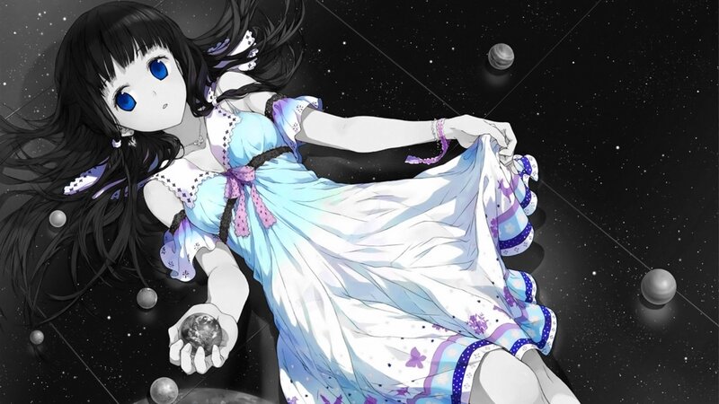 Anime Girl in Space — Blue, Serene, Night, Digital Art, Planets, Dress
