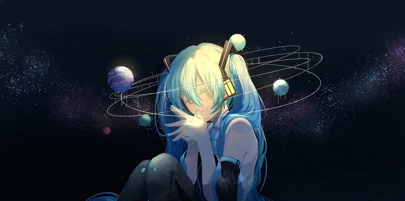 Anime Girl in Space — Blue, Serene, Night, Digital Art, Planets, Stars